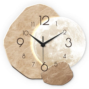Modern Silent Quartz Wall Clock – Moon Design, Wooden Material
