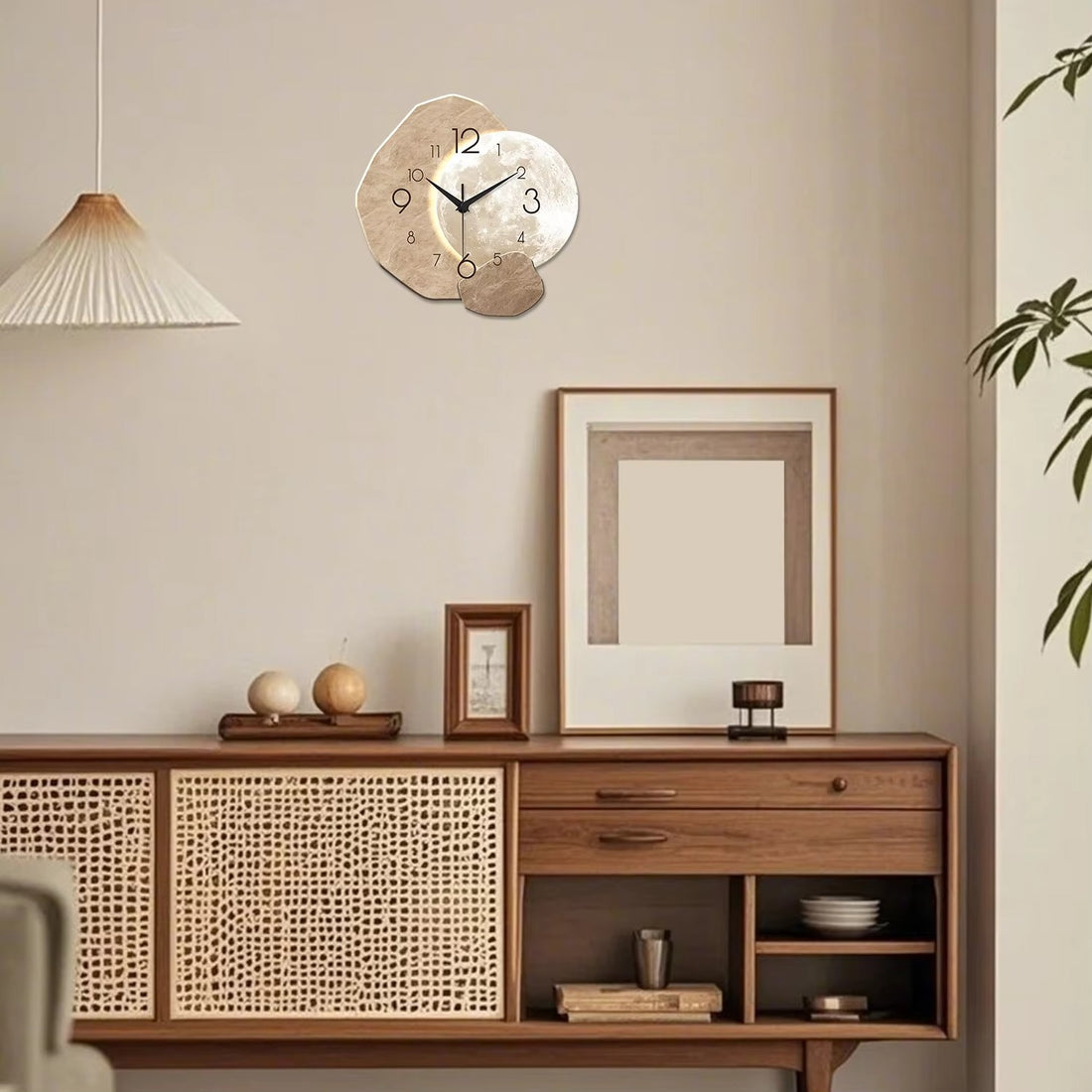 Modern Silent Quartz Wall Clock – Moon Design, Wooden Material