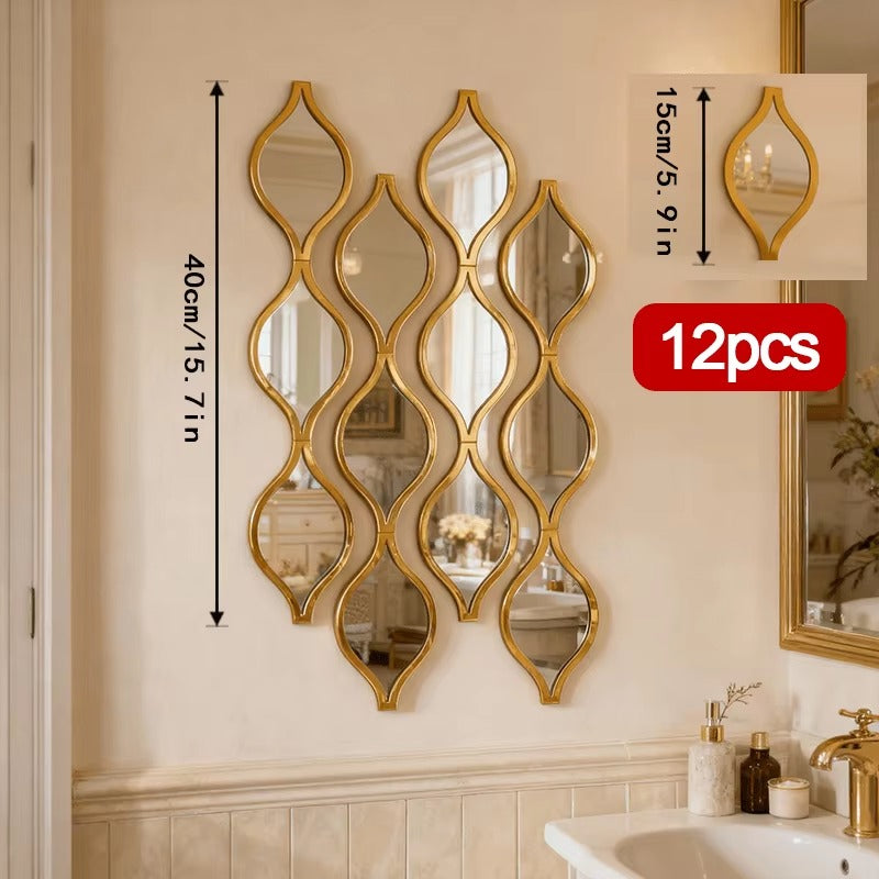 12pcs Golden Teardrop Bathroom Mirrors - Modern Wall Decor