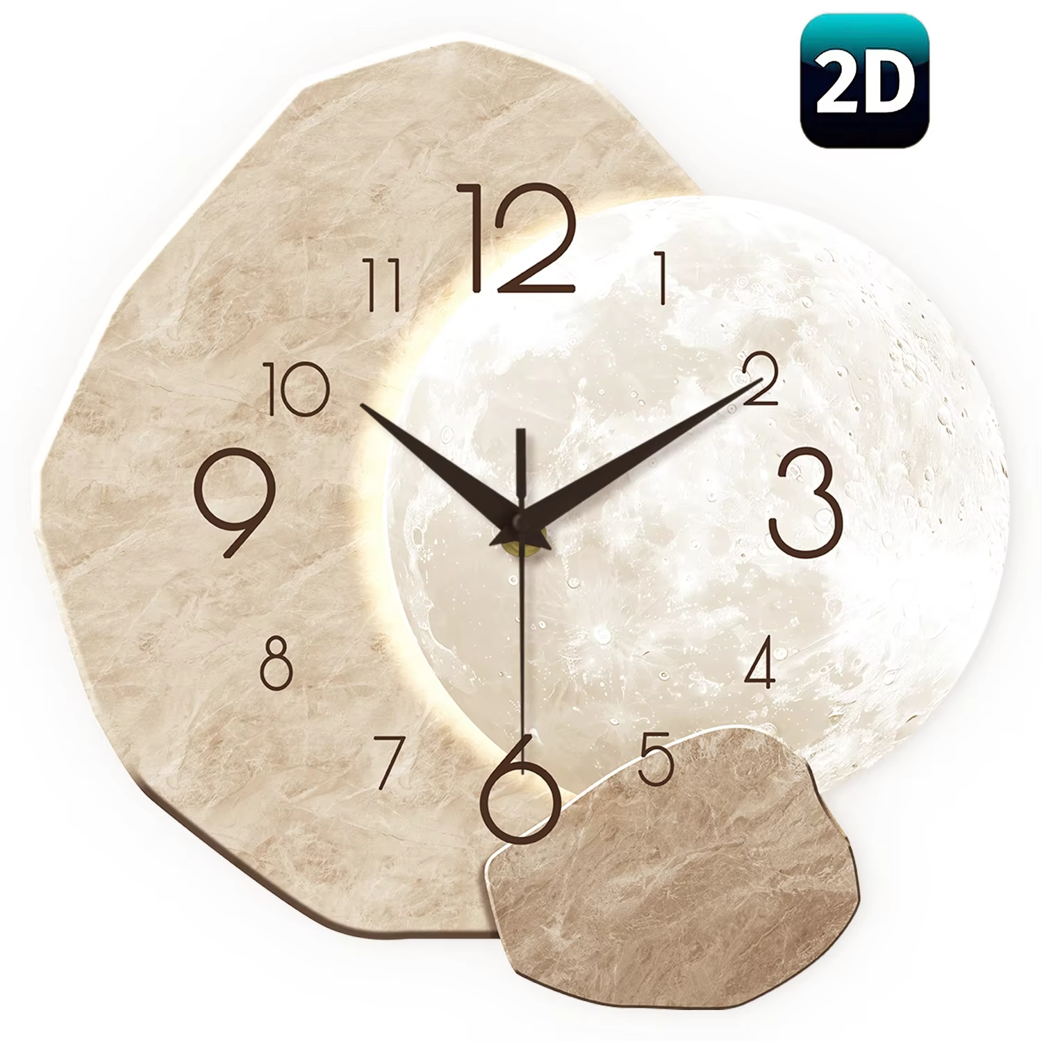 Modern Silent Quartz Wall Clock – Moon Design, Wooden Material