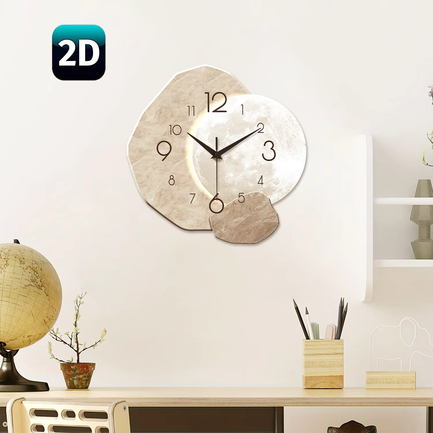 Modern Silent Quartz Wall Clock – Moon Design, Wooden Material
