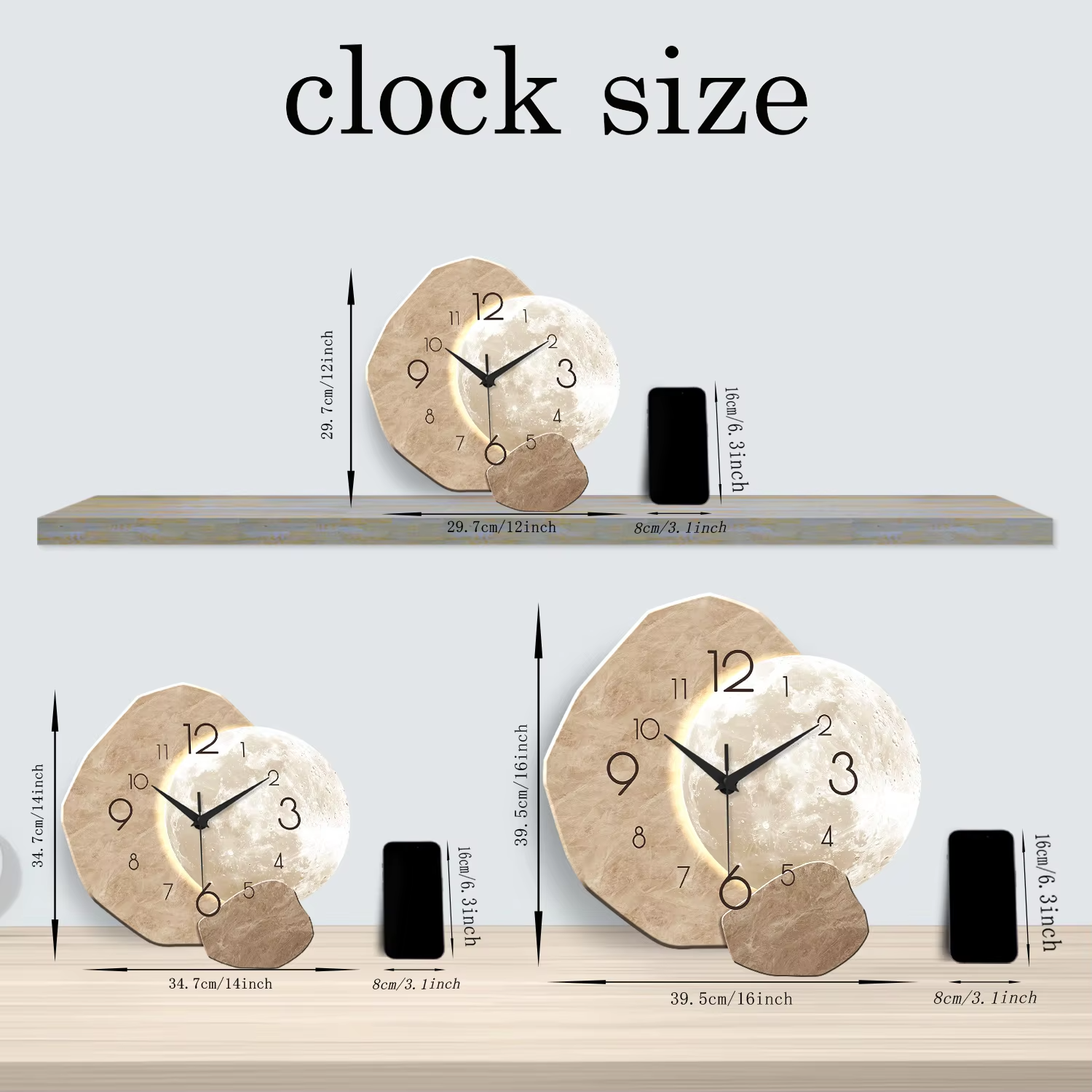Modern Silent Quartz Wall Clock – Moon Design, Wooden Material